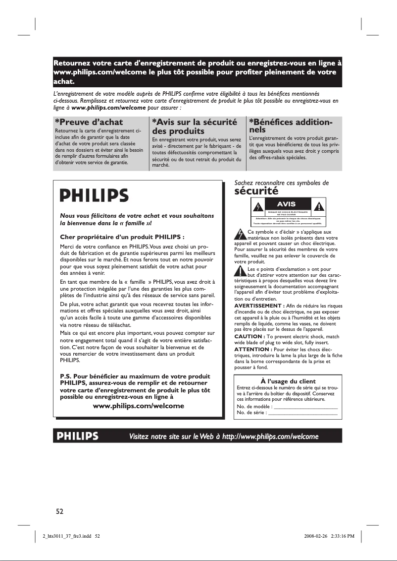 Page 1 de la notice Manuel utilisateur Philips HTS3011