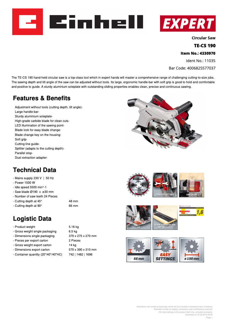 Page 1 de la notice Fiche technique Einhell TE-CS 190