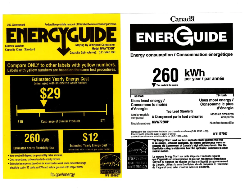 Page 1 de la notice Label énergétique Maytag MVW7230HC