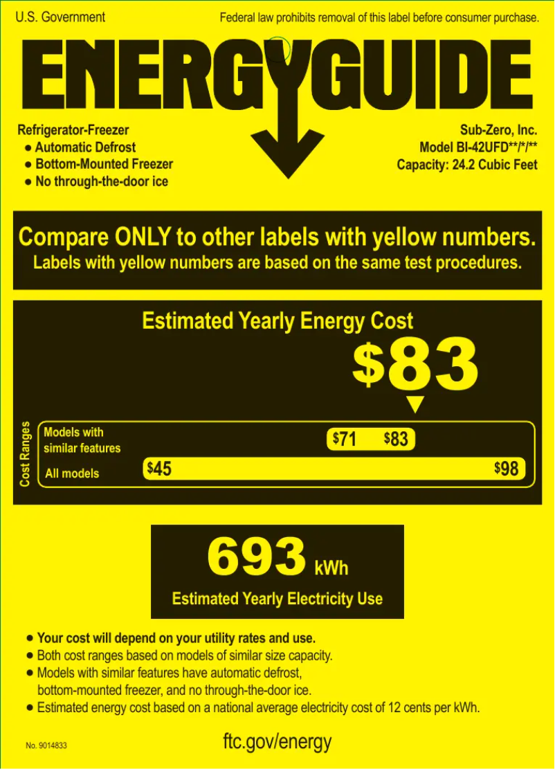 Page 1 de la notice Label énergétique Sub-Zero BI-42UFDIO