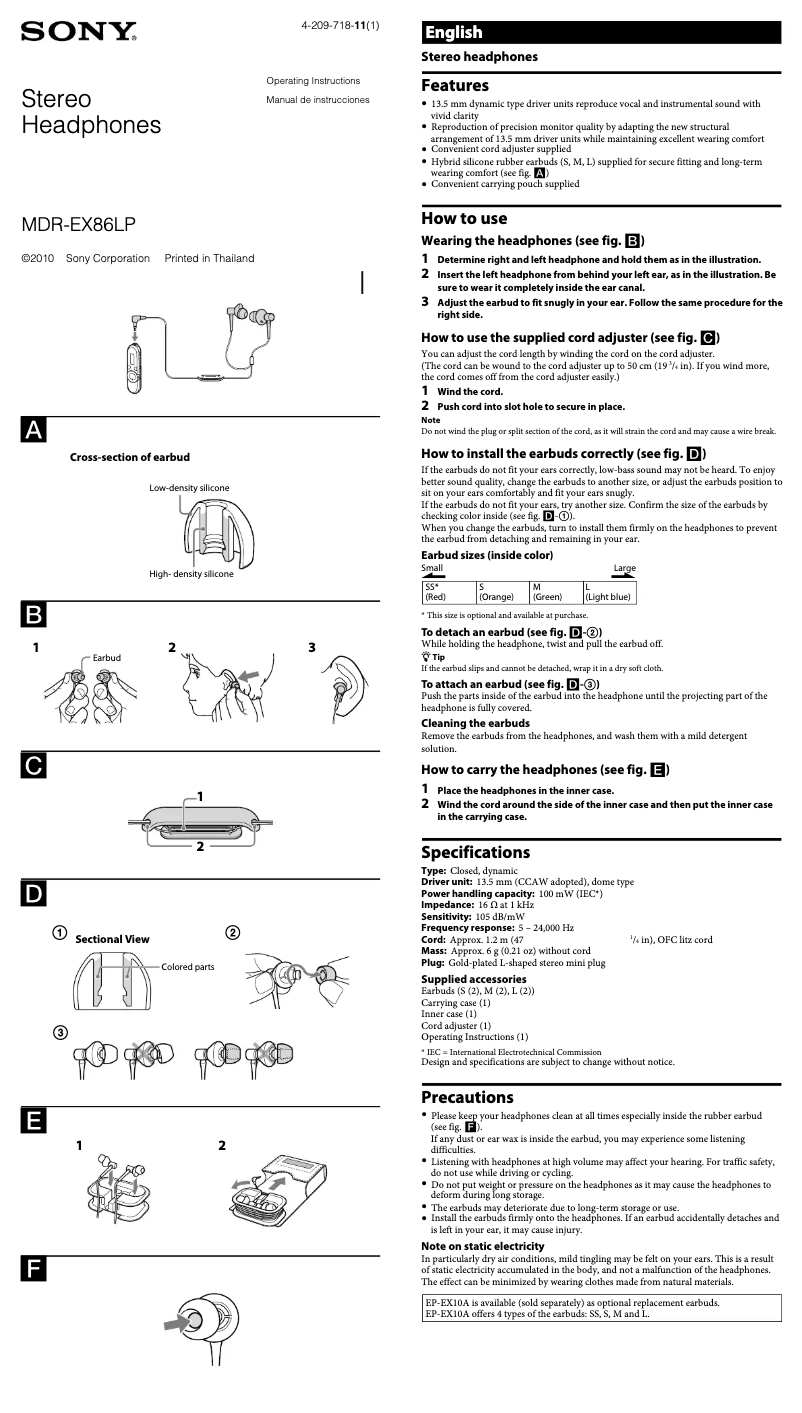 Página 1 del manual Manual de usuario Sony MDR-EX86LP