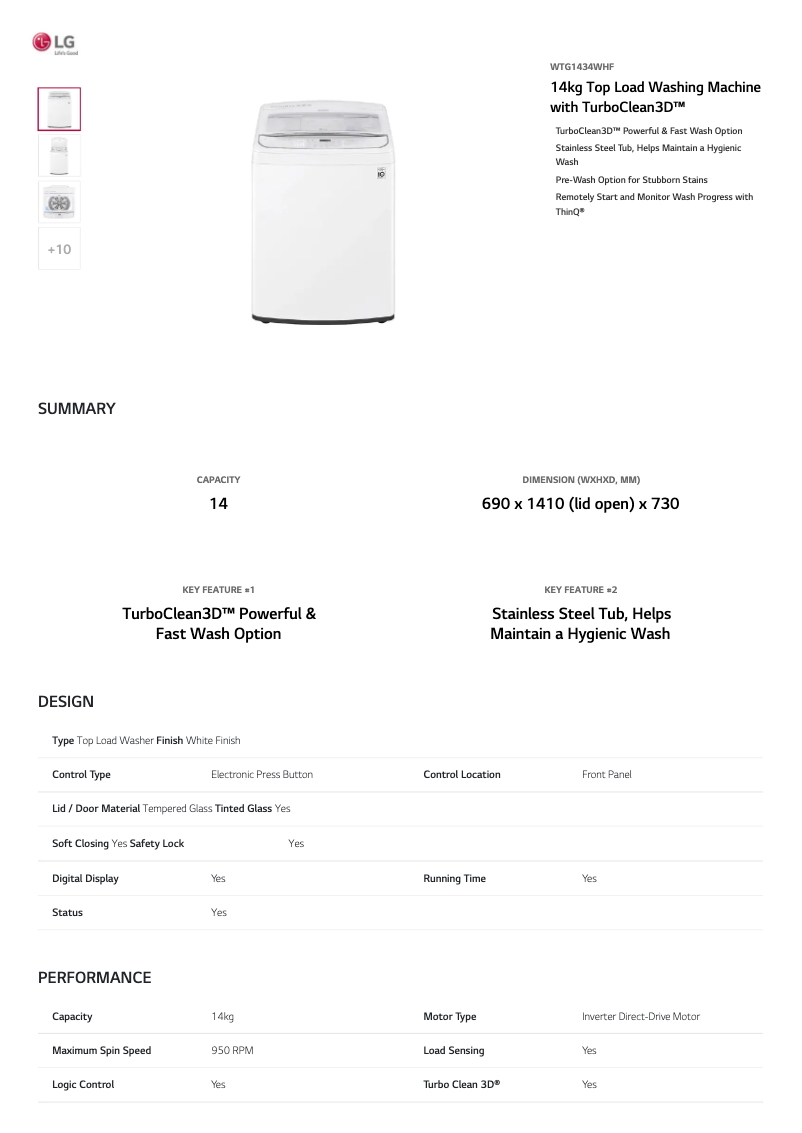 Page 1 de la notice Fiche technique LG WTG1434WHF