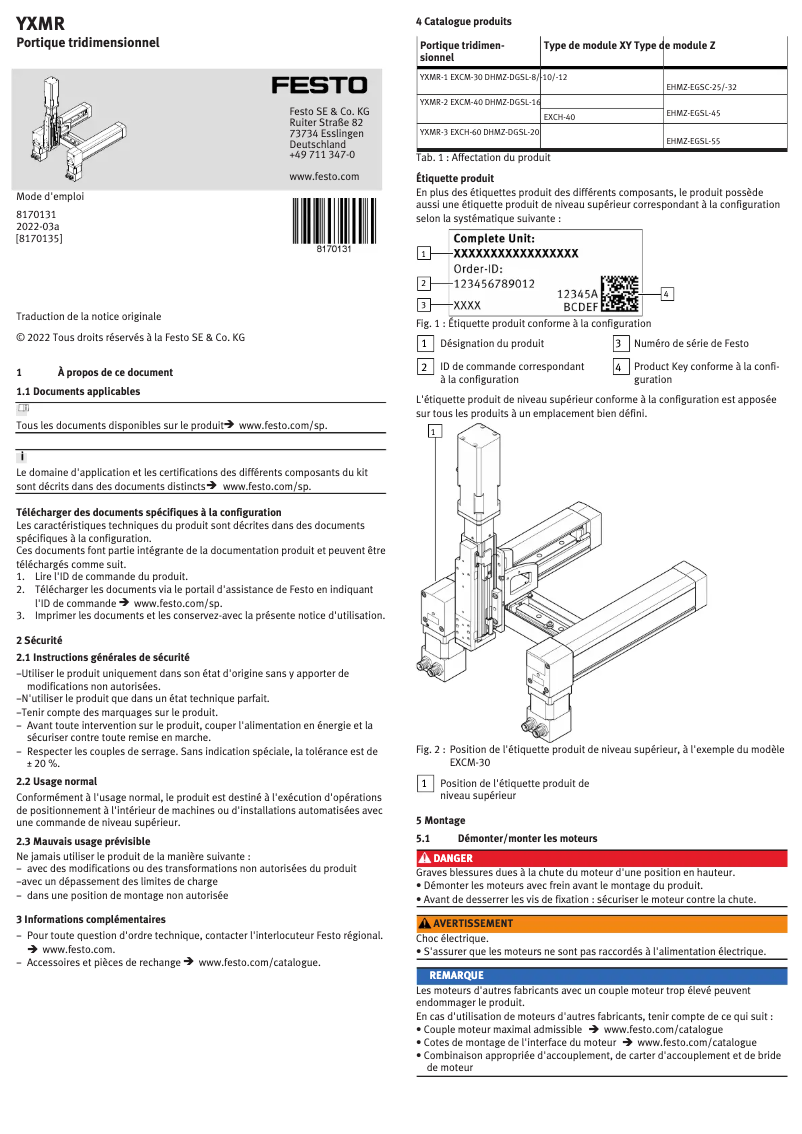 Page 1 de la notice Manuel utilisateur Festo YXMR-1