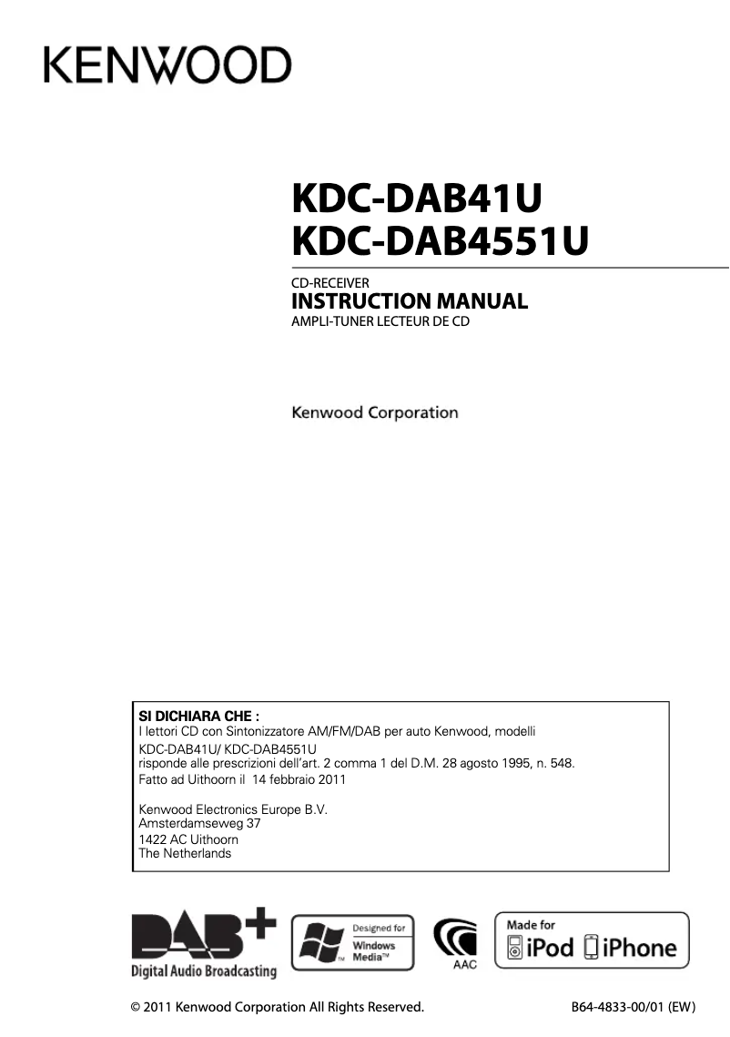 Image de la première page du manuel de l'appareil KDC-DAB41U