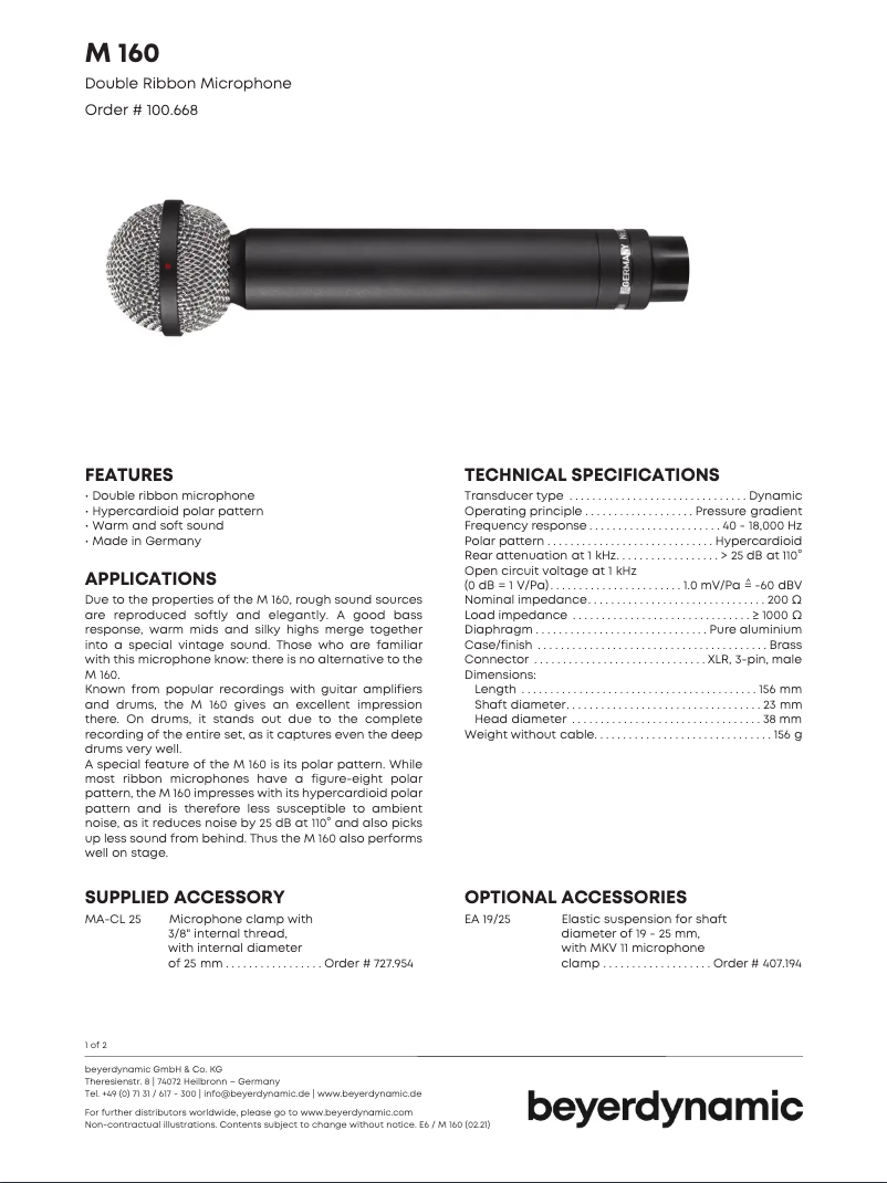 Page n°1 - Fiche technique Beyerdynamic M 160