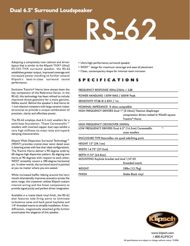 Page 1 de la notice Fiche technique Klipsch RS-62
