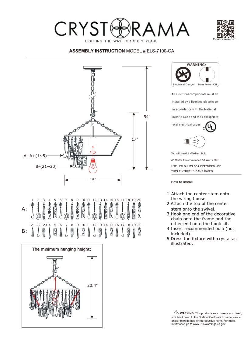 Page 1 de la notice Manuel utilisateur Crystorama Elsa ELS-7100-GA