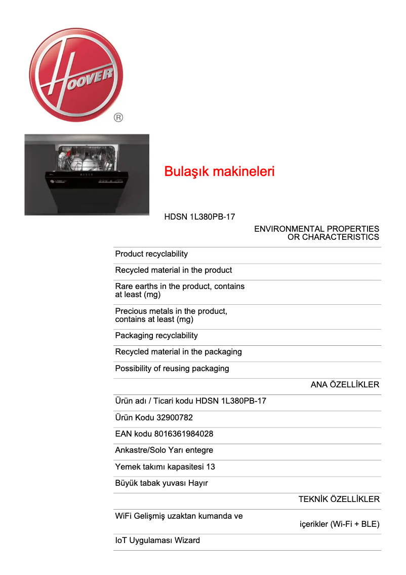 Page 1 de la notice Fiche technique Hoover HDSN 1L380PB-17