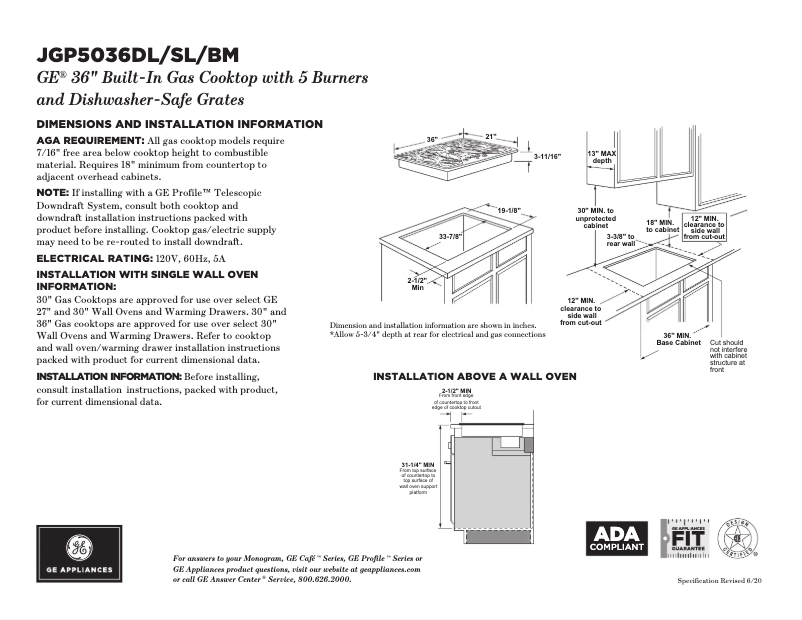 Página 1 del manual Ficha técnica GE JGP5036DLBB
