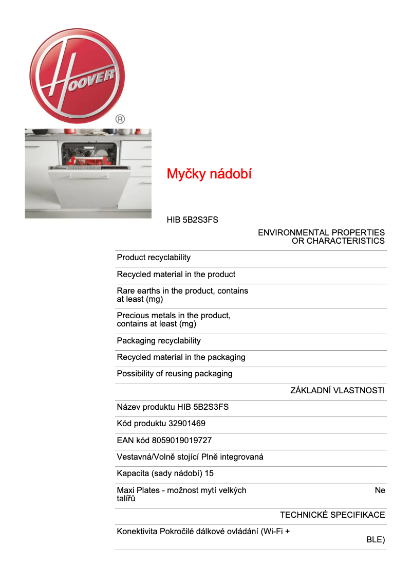 Page n°1 - Fiche technique Hoover H-DISH 700 HIB 5B2S3FS