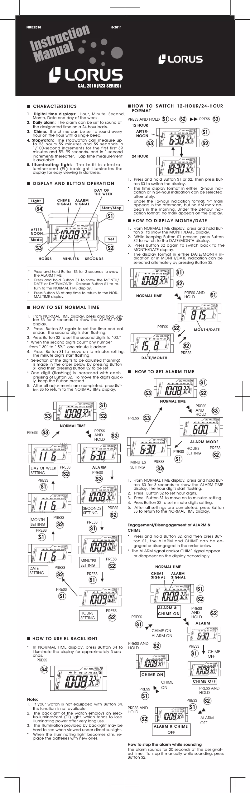 Page 1 de la notice Manuel utilisateur Lorus Z016