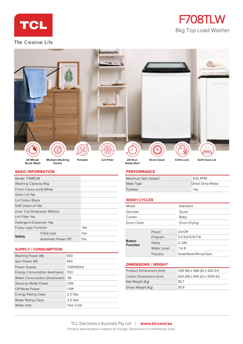 Page 1 de la notice Fiche technique TCL F708TLW