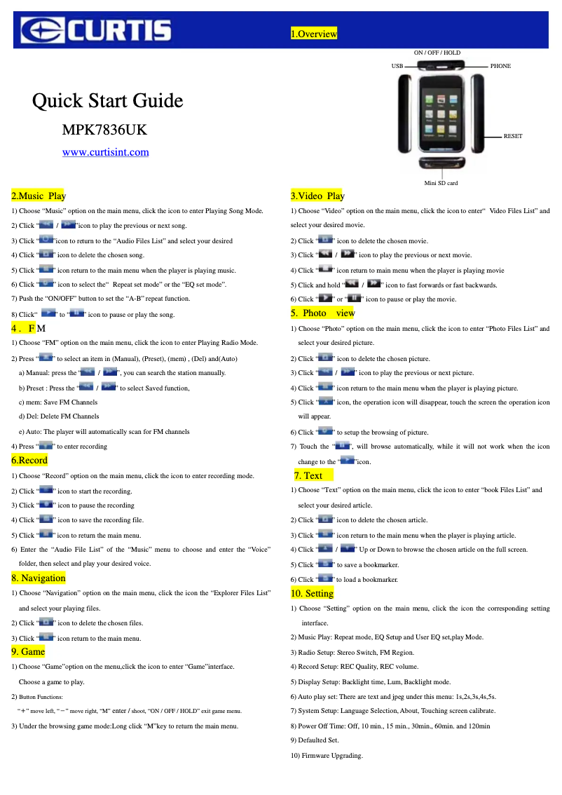 Page 1 de la notice Guide de démarrage rapide Curtis MPK7836UK