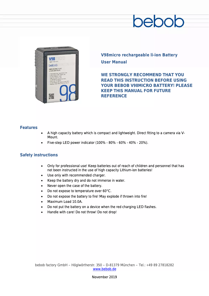 Page 1 de la notice Manuel utilisateur Bebob V98micro