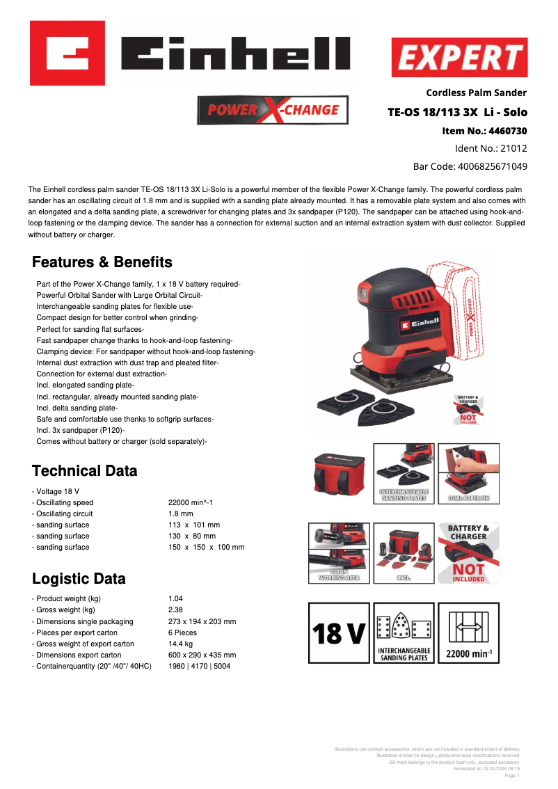 Page 1 de la notice Fiche technique Einhell TE-OS 18/113 3X Li