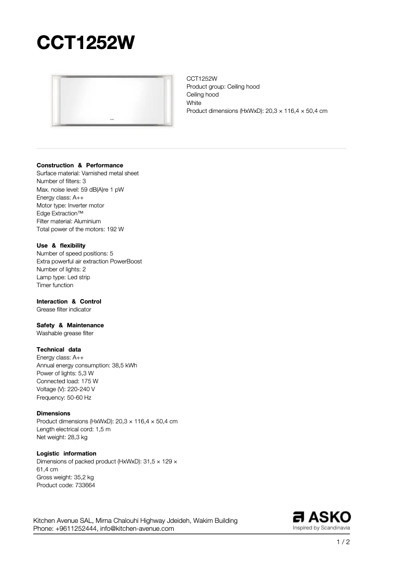Page 1 de la notice Fiche technique Asko CCT1252W