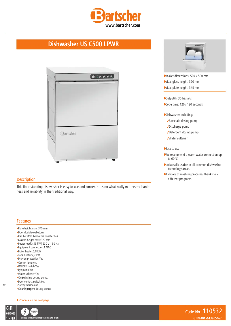 Page 1 de la notice Fiche technique Bartscher US C500 LPWR