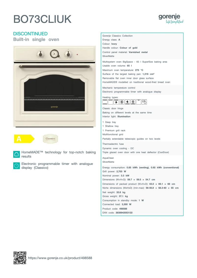 Page n°1 - Fiche technique Gorenje BO73CLIUK