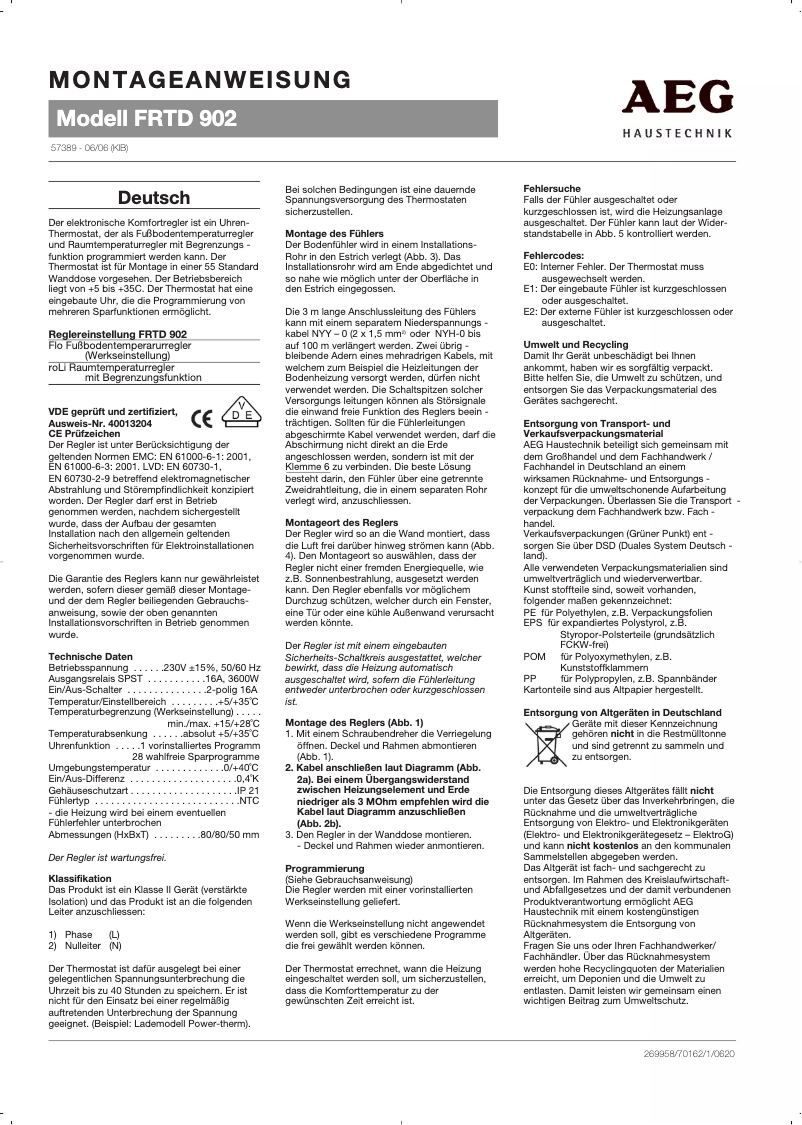 Page 1 de la notice Manuel utilisateur AEG FRTD 902