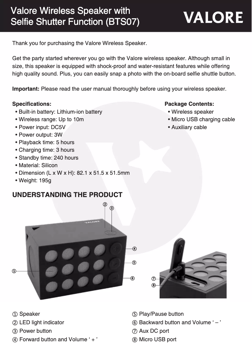 Page 1 de la notice Manuel utilisateur Valore BTS07