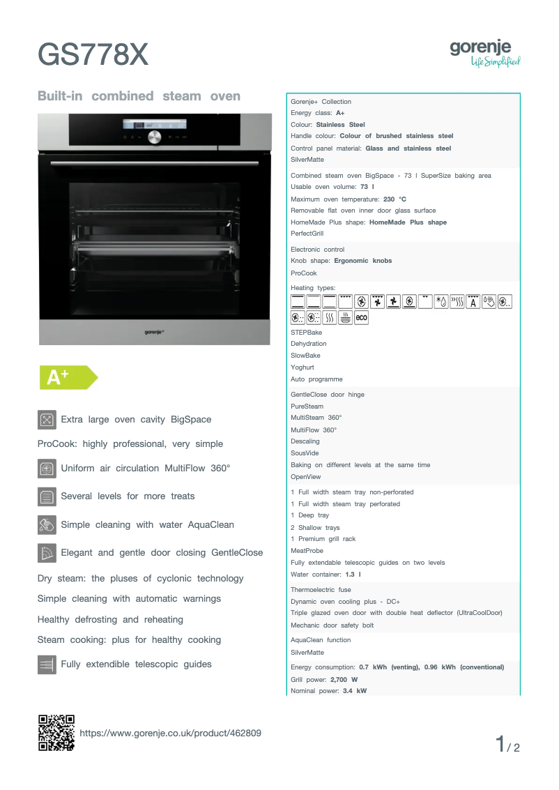 Page 1 de la notice Fiche technique Gorenje GS778X
