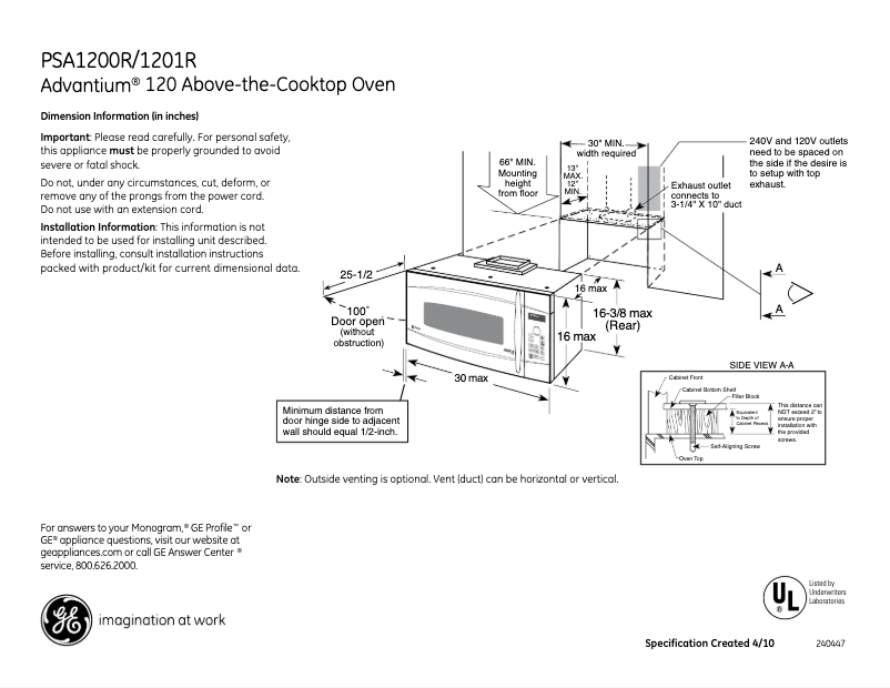 Page 1 de la notice Fiche technique GE Profile PSA9240SFSS