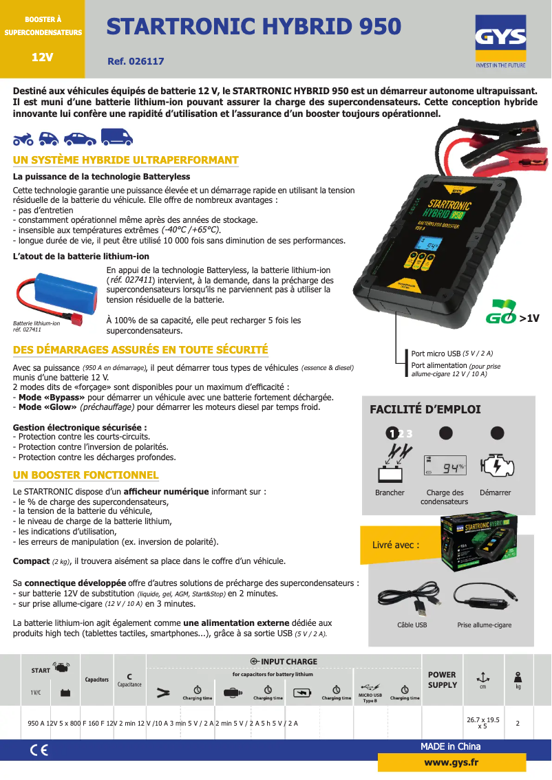 Page n°1 - Fiche technique GYS Startronic Hybrid 950