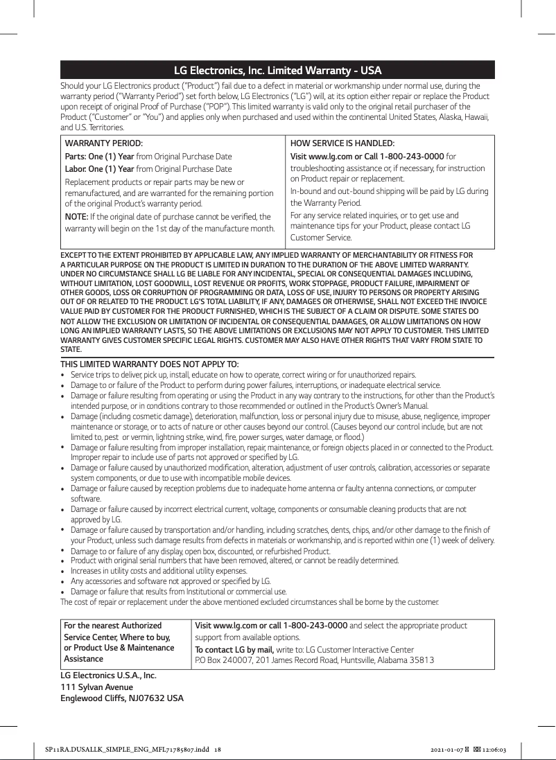 Page 1 de la notice Informations de garantie LG SP8YA