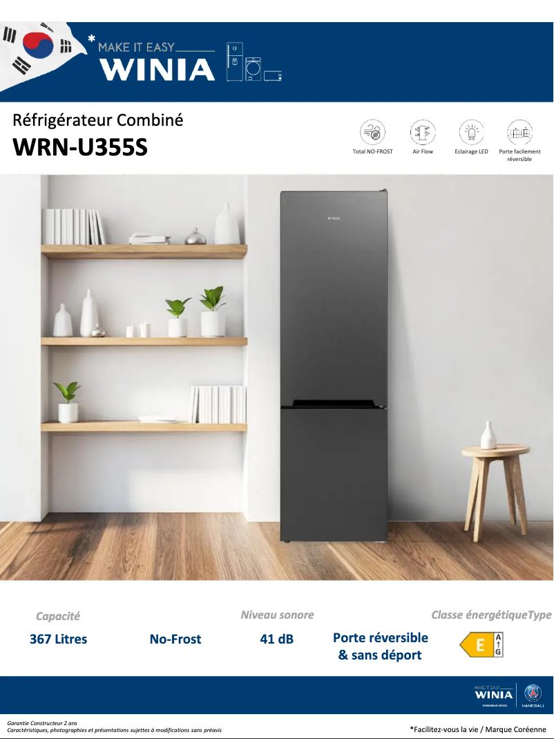 Page 1 de la notice Fiche technique Winia WRN-U355S