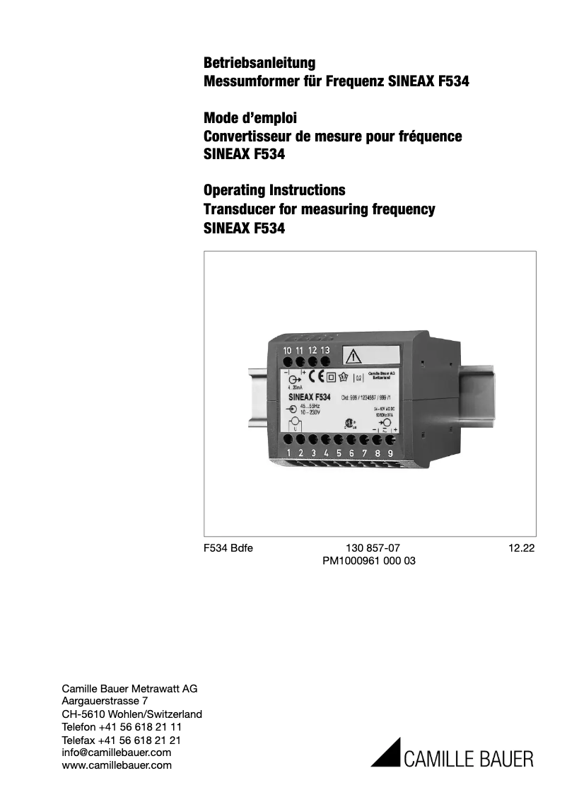 Page 1 de la notice Manuel utilisateur Camille Bauer SINEAX F534