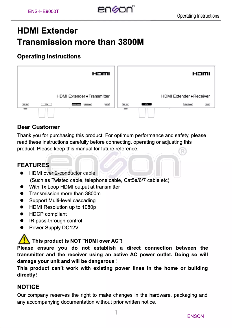 Page 1 de la notice Manuel utilisateur Enson ENS-HE9000T