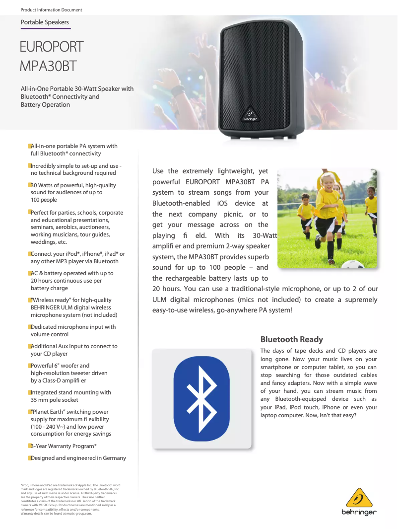 Image de la première page du manuel de l'appareil Europort MPA30BT