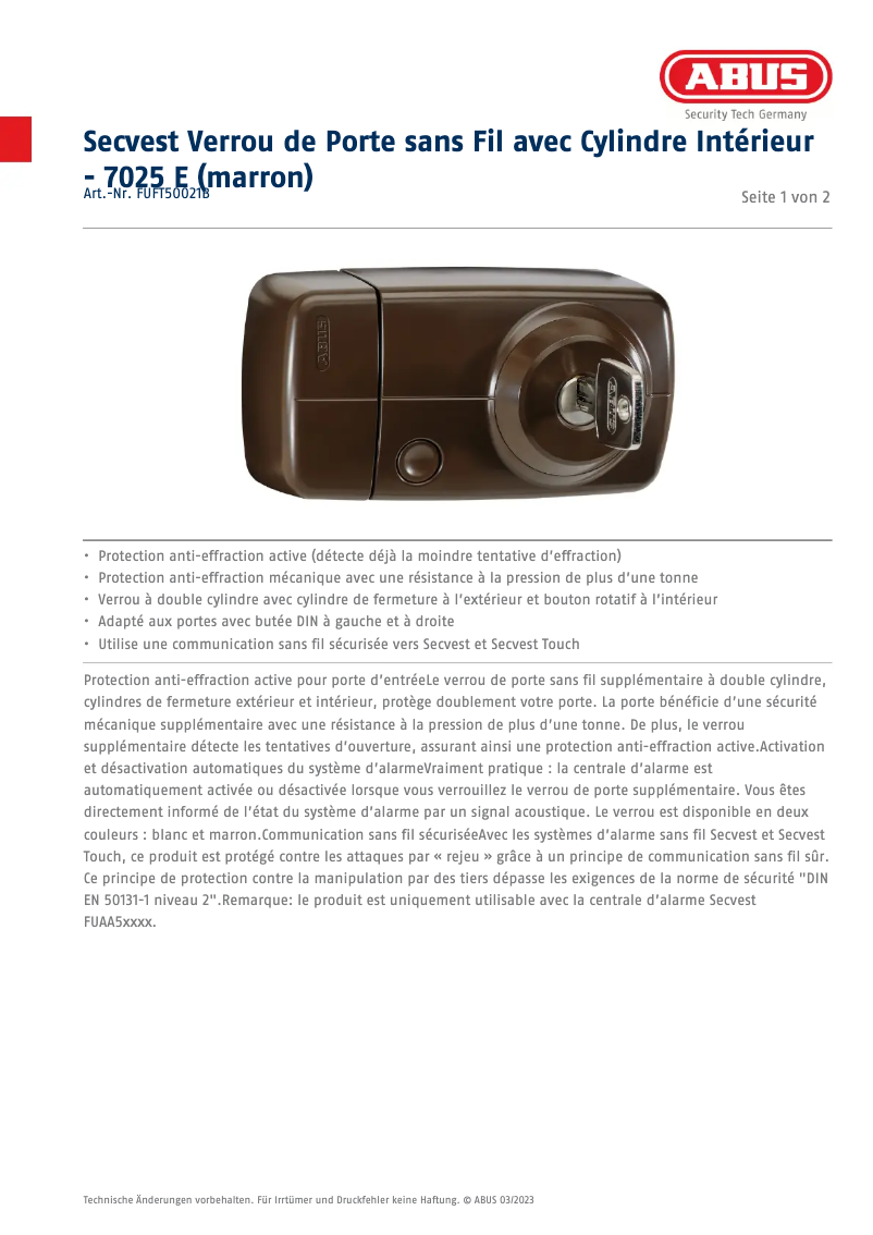 Page n°1 - Fiche technique Abus FUFT50021B