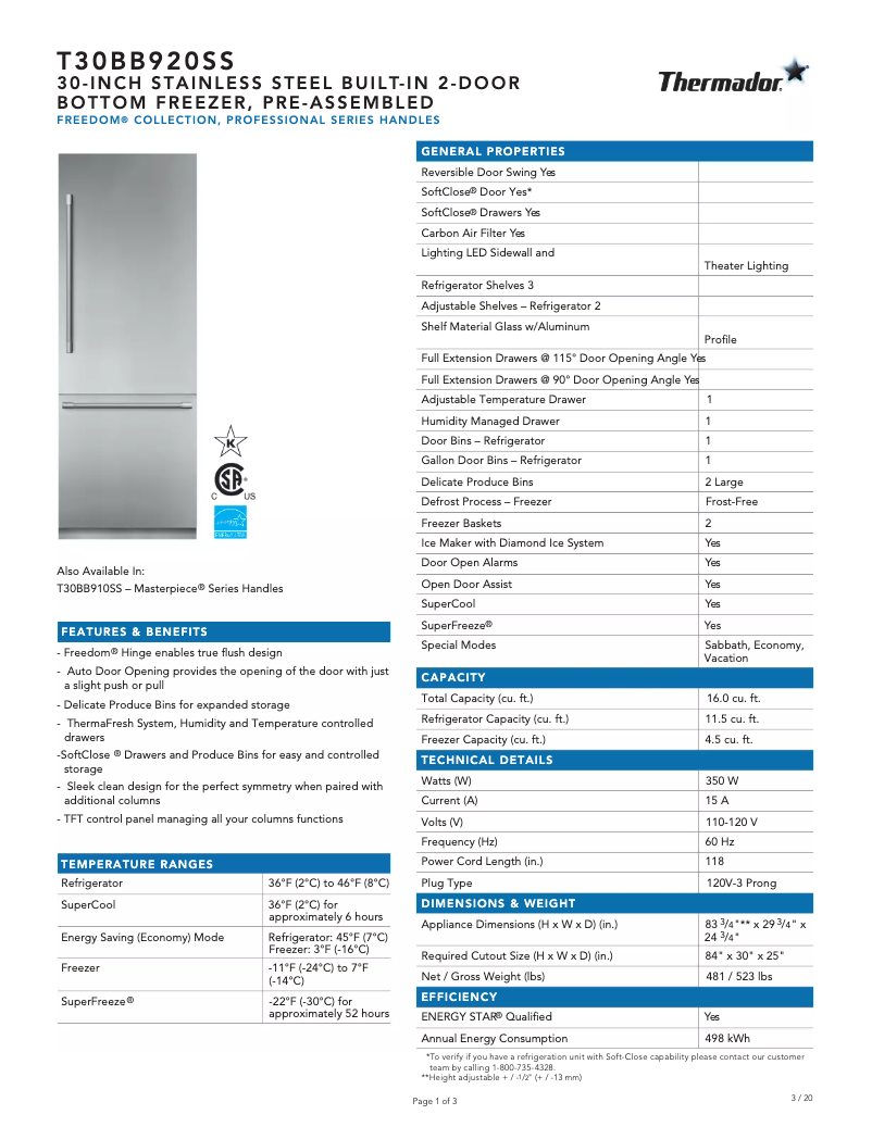 Page 1 de la notice Fiche technique Thermador T30BB920SS