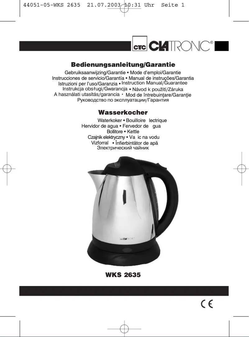 Page 1 de la notice Manuel utilisateur Clatronic WKS 2635