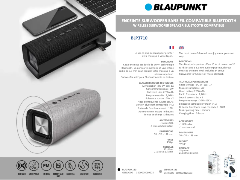 Page 1 de la notice Fiche technique Blaupunkt BLP3710