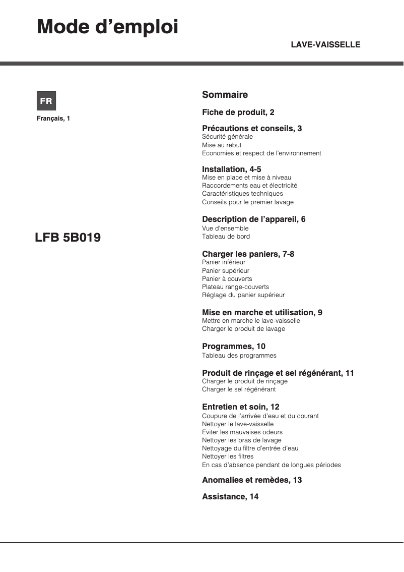 Page 1 de la notice Manuel utilisateur Hotpoint LFB 5B019 X FR