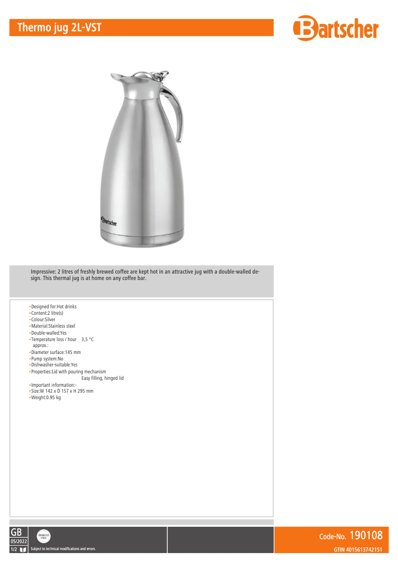 Page n°1 - Fiche technique Bartscher 190108
