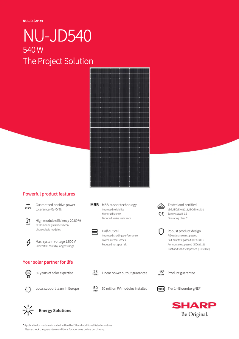 Page 1 de la notice Fiche technique Sharp NUJD540