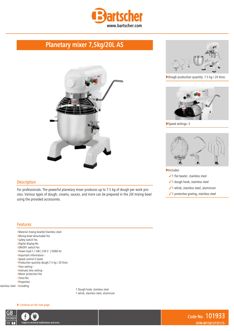 Page n°1 - Fiche technique Bartscher 101933