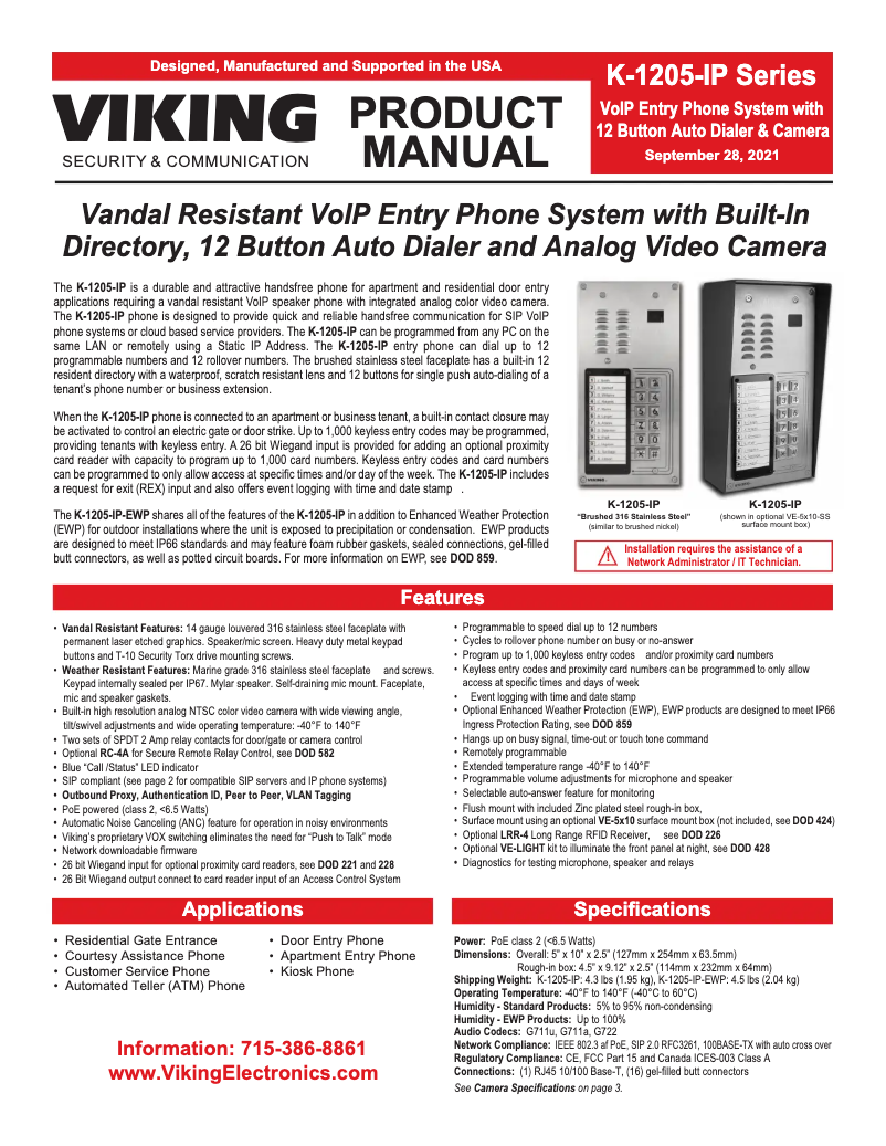 Page n°1 - Manuel utilisateur Viking K-1205-IP