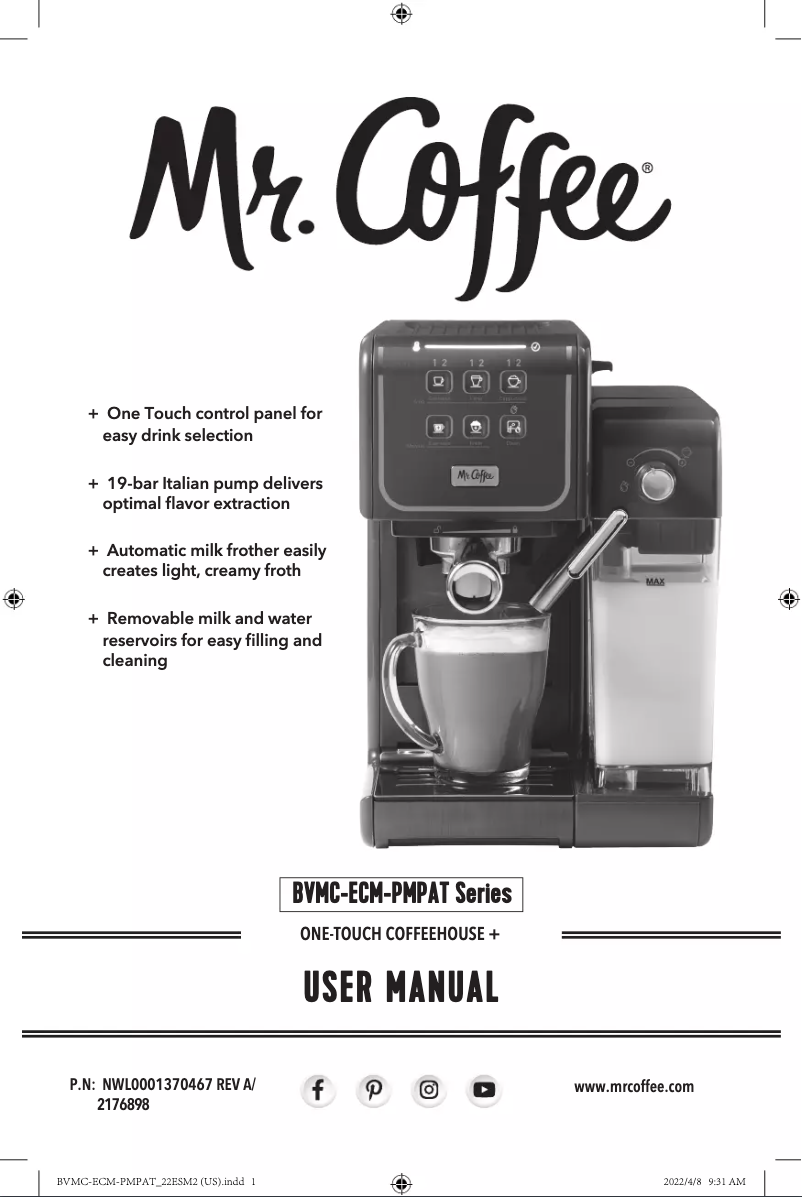 Page 1 de la notice Manuel utilisateur Mr. Coffee One-Touch CoffeeHouse+