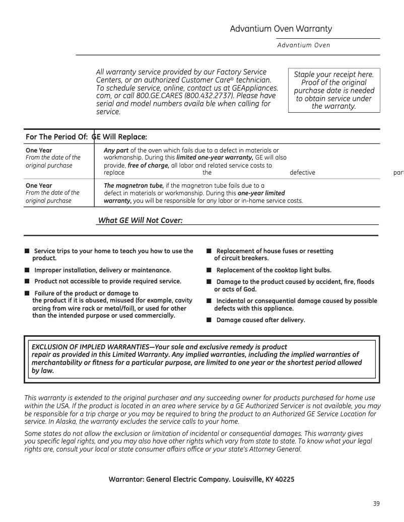 Page 1 de la notice Informations de garantie GE PSB9120SFSS