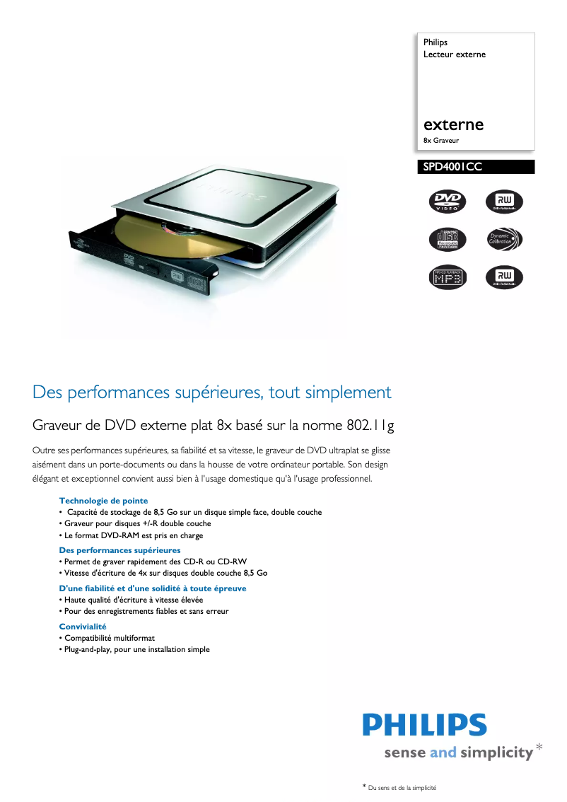 Page n°1 - Fiche technique Philips SPD4001CC