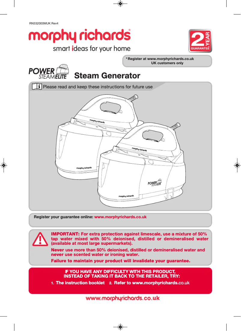 Page 1 de la notice Manuel utilisateur Morphy Richards Power SteamElite 332014