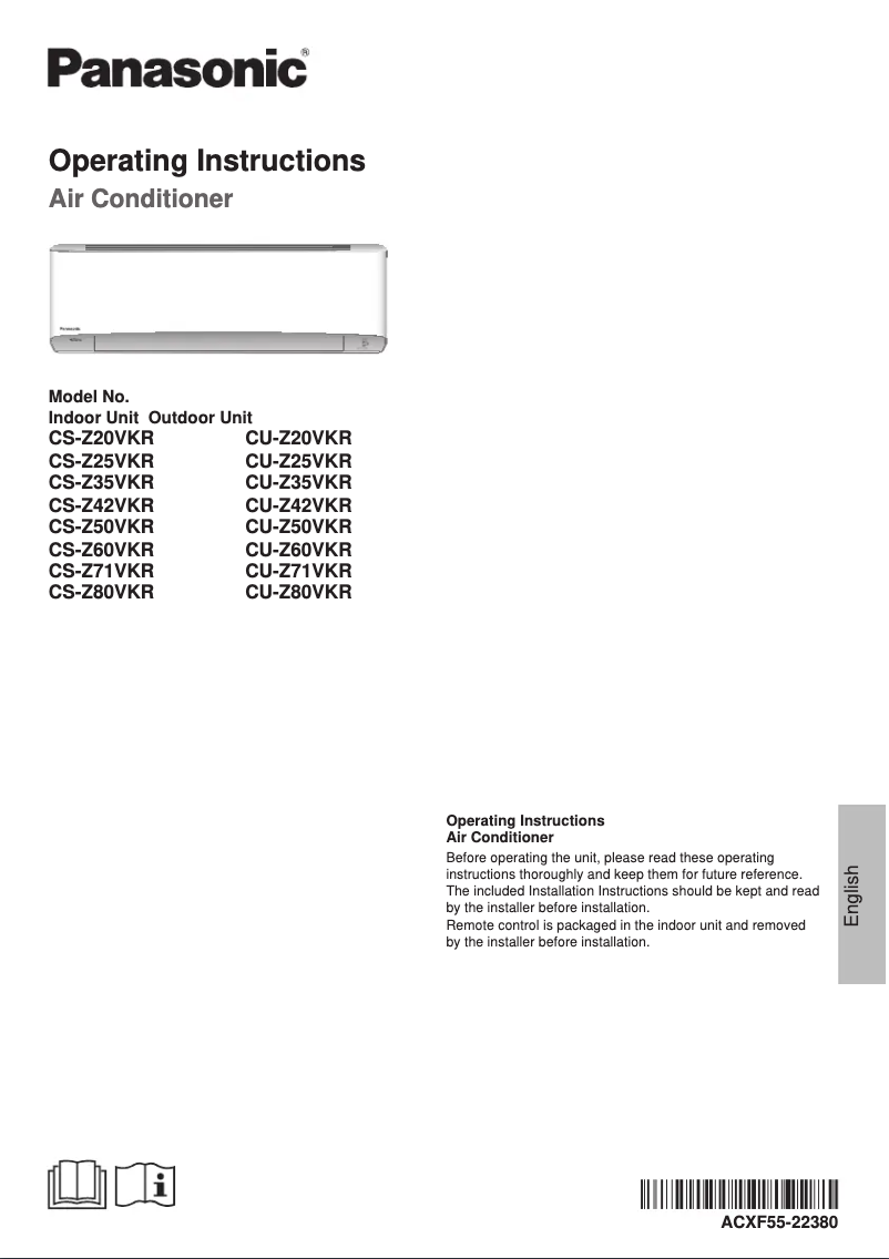 Page 1 de la notice Manuel utilisateur Panasonic CU-Z25VKR