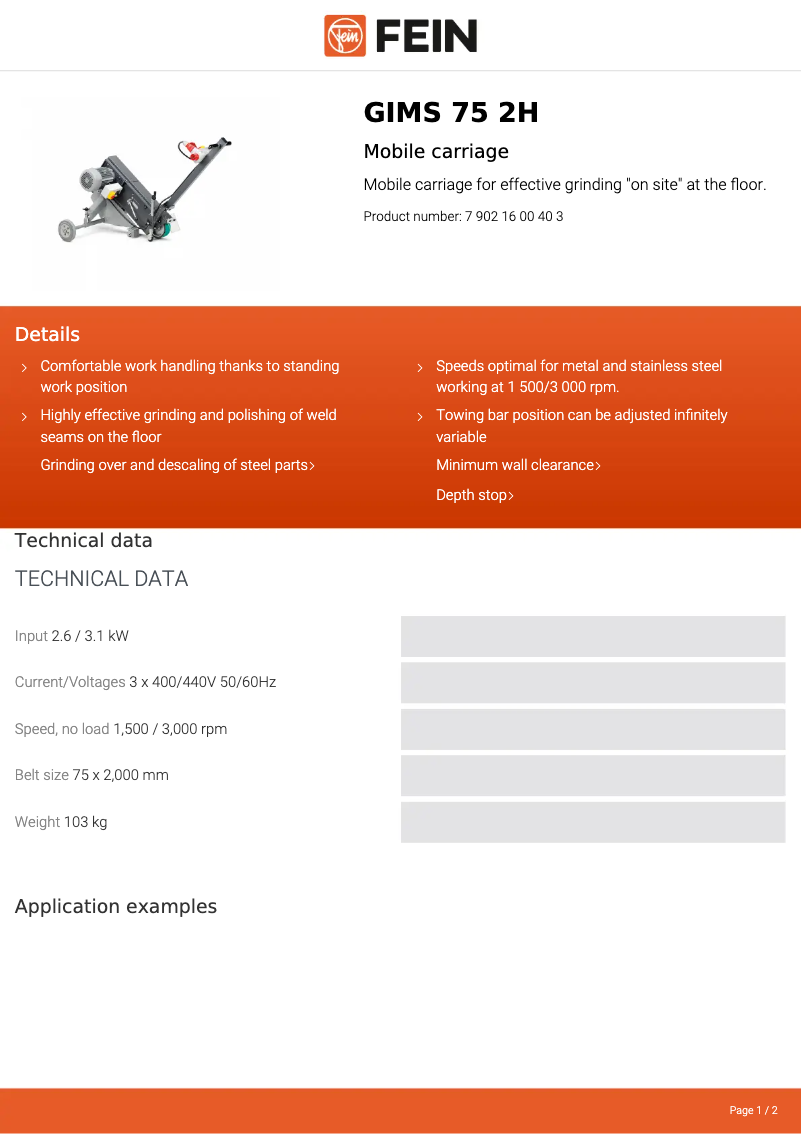 Page n°1 - Fiche technique Fein GIMS 75 2H