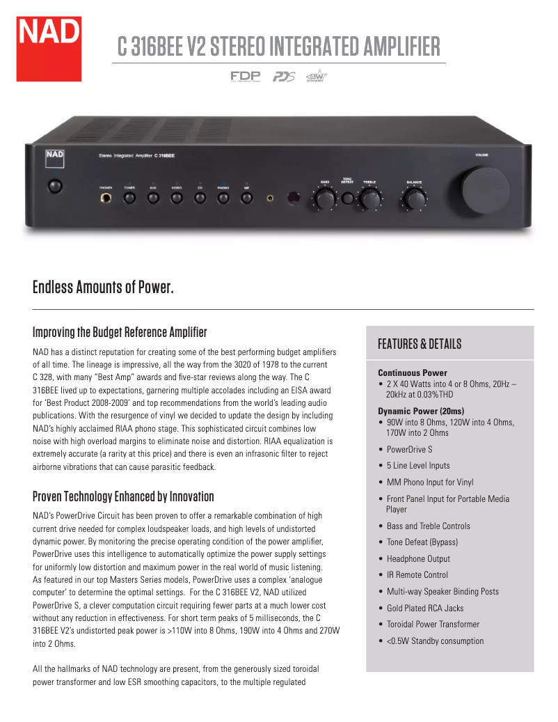 Page 1 de la notice Fiche technique NAD C 316BEE V2