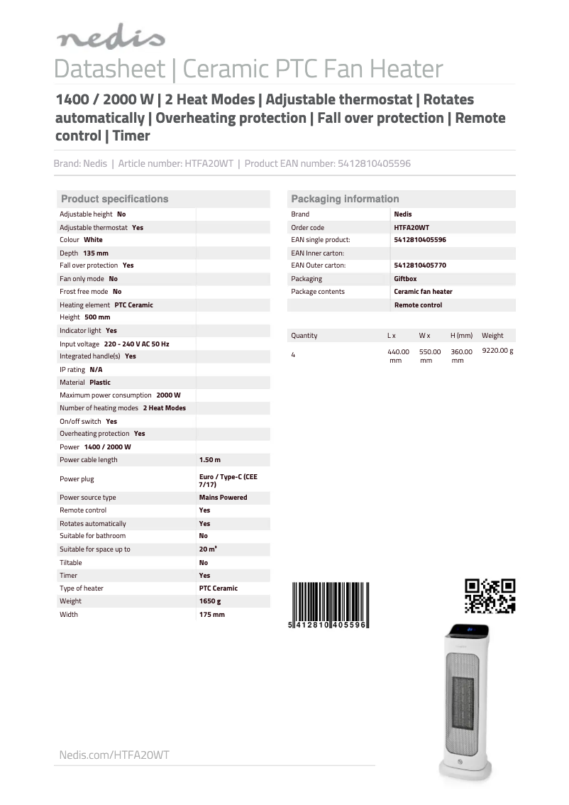 Page 1 de la notice Manuel utilisateur Nedis HTFA20WT