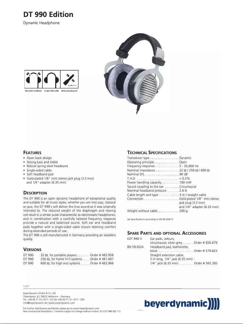 Page 1 de la notice Manuel utilisateur Beyerdynamic DT 990 Edition